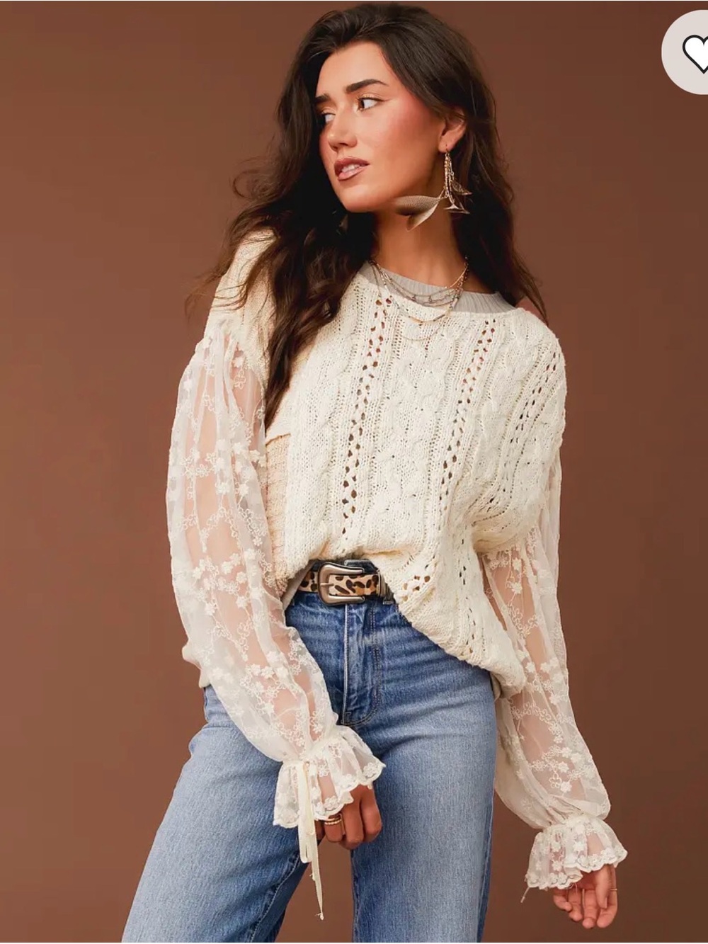 BKE Cream Cable-Knit Sweater with Sheer Lace Balloon Sleeves